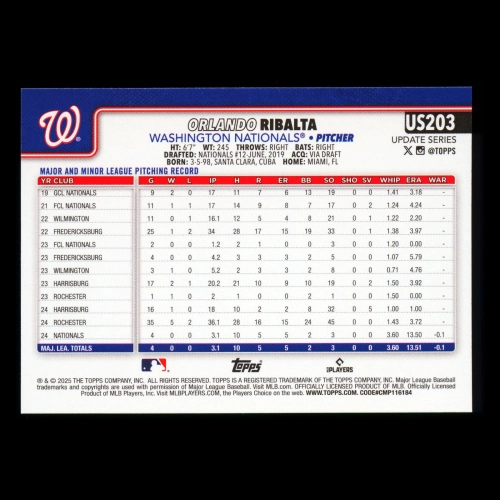 Orlando Ribalta RC 2025 Topps Update Rookie Nationals