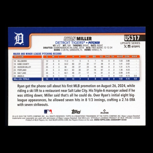 Ryan Miller RC 2025 Topps Update Rookie Tigers