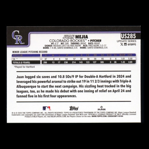 Juan Mejia RC 2025 Topps Update Rookie Rockies