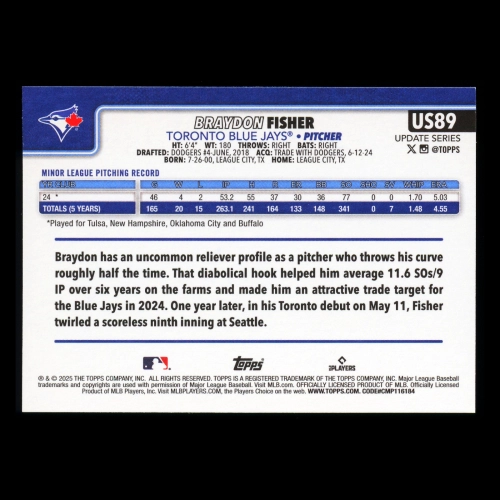 Braydon Fisher RC 2025 Topps Update Rookie Blue Jays