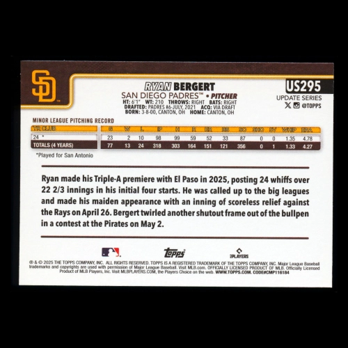 Ryan Bergert RC 2025 Topps Update Rookie Padres