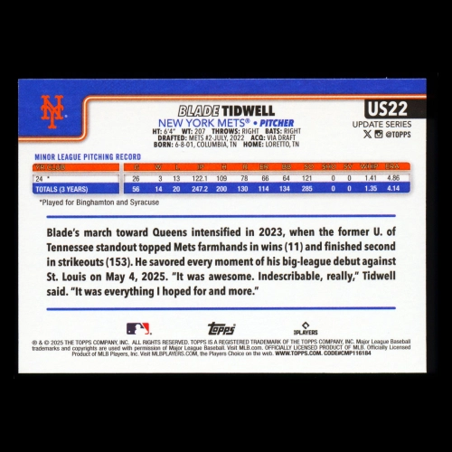 Blade Tidwell RC 2025 Topps Update Rookie Mets