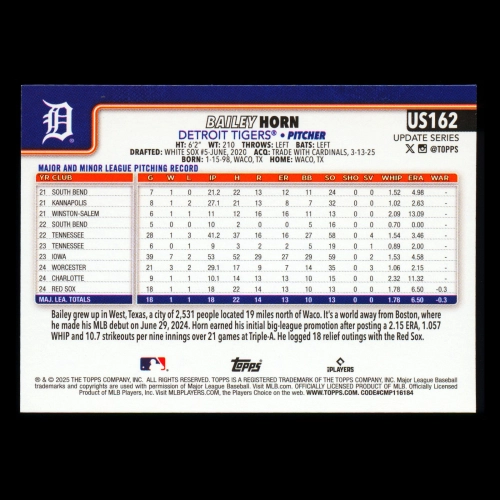 Bailey Horn RC 2025 Topps Update Rookie Tigers