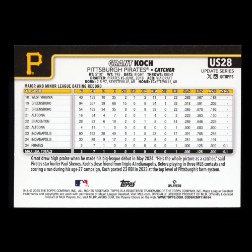 Grant Koch RC 2025 Topps Update Rookie Pirates