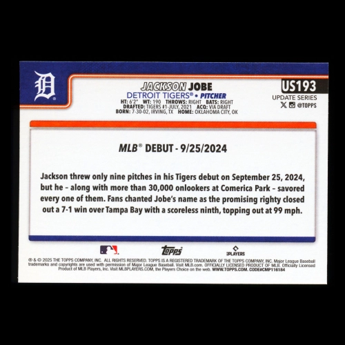 Jackson Jobe 2025 Topps Update Rookie Debut Tigers