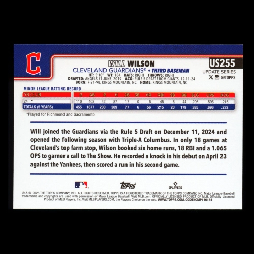 Will Wilson RC 2025 Topps Update Rookie Guardians