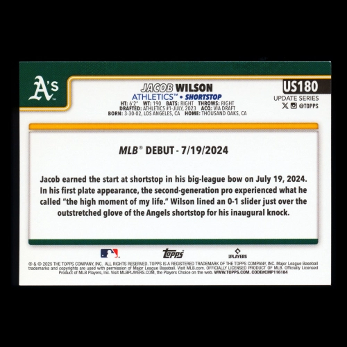Jacob Wilson 2025 Topps Update Rookie Debut Athletics