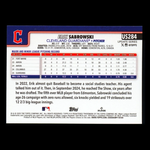 Erik Sabrowski RC 2025 Topps Update Rookie Guardians