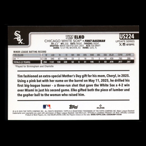 Tim Elko RC 2025 Topps Update Rookie White Sox
