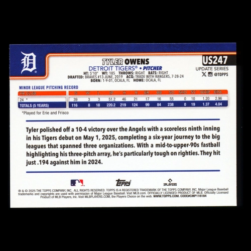 Tyler Owens RC 2025 Topps Update Rookie Tigers