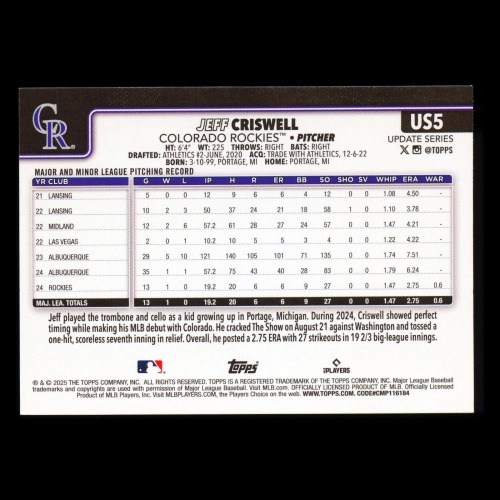 Jeff Criswell RC 2025 Topps Update Rookie Rockies