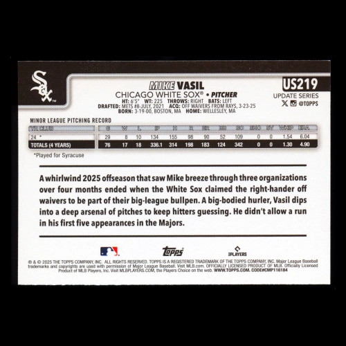 Mike Vasil RC 2025 Topps Update Rookie White Sox