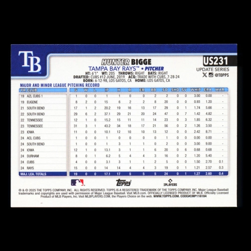 Hunter Bigge RC 2025 Topps Update Rookie Rays