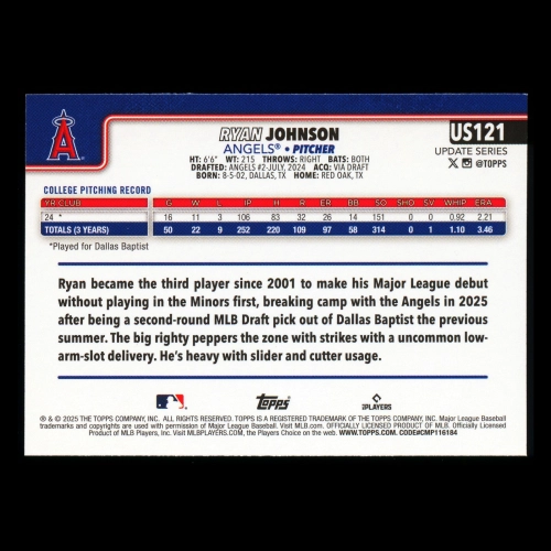 Ryan Johnson RC 2025 Topps Update Rookie Angels
