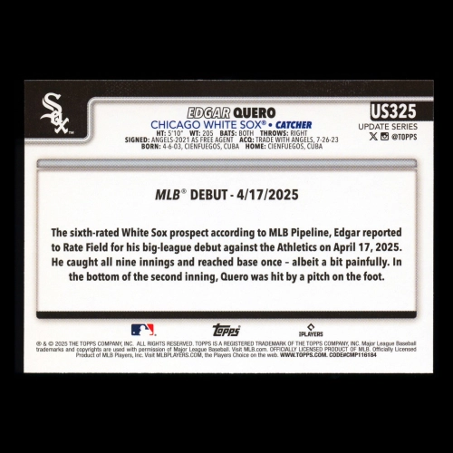 Edgar Quero 2025 Topps Update Rookie Debut White Sox