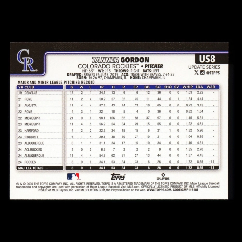 Tanner Gordon RC 2025 Topps Update Rookie Rockies