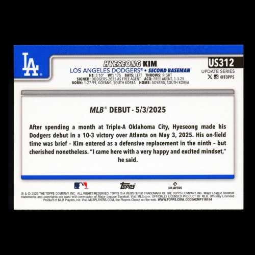 Hyeseong Kim 2025 Topps Update Rookie Debut Dodgers
