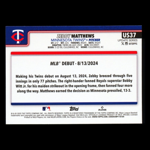 Zebby Matthews 2025 Topps Update Rookie Debut Twins