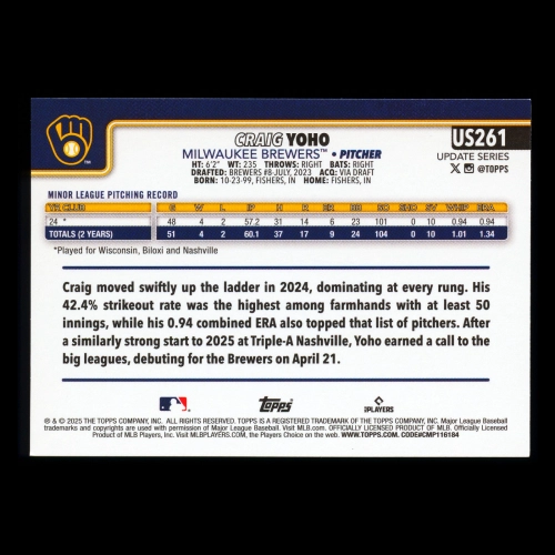 Craig Yoho RC 2025 Topps Update Rookie Brewers