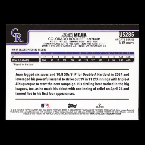 Juan Mejia RC 2025 Topps Update Rookie Rockies