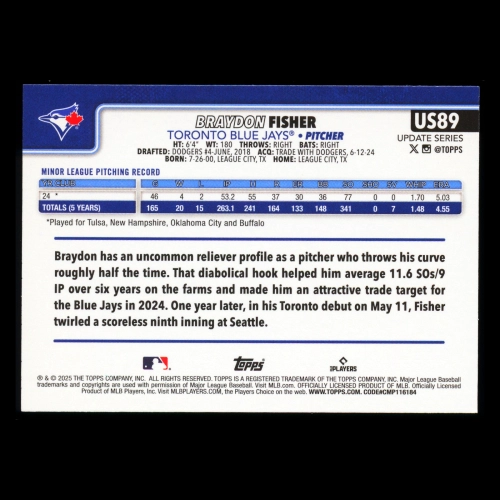 Braydon Fisher RC 2025 Topps Update Rookie Blue Jays