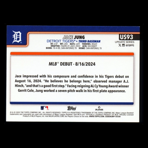 Jace Jung 2025 Topps Update Rookie Debut Tigers