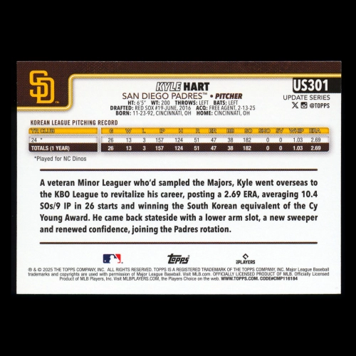 Kyle Hart RC 2025 Topps Update Rookie Padres