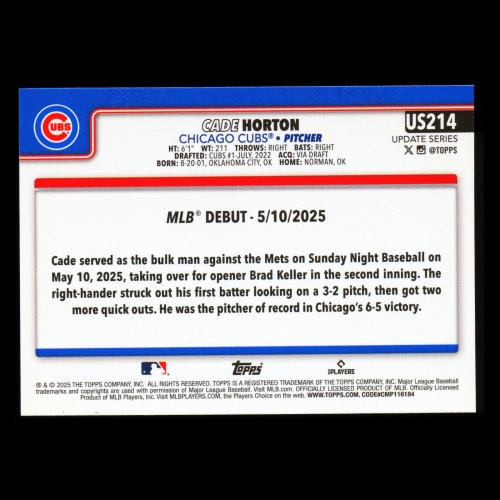 Cade Horton 2025 Topps Update Rookie Debut Cubs