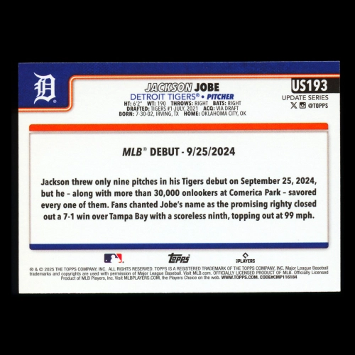 Jackson Jobe 2025 Topps Update Rookie Debut Tigers