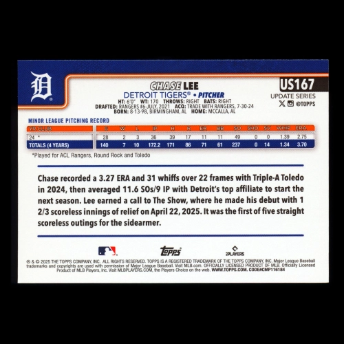 Chase Lee RC 2025 Topps Update Rookie Tigers