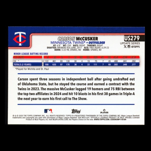 Carson McCusker RC 2025 Topps Update Rookie Twins