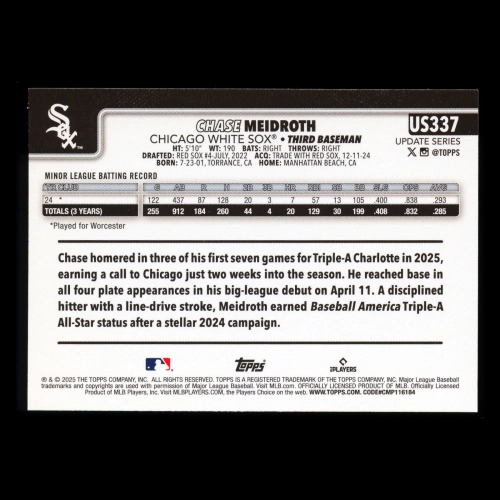 Chase Meidroth RC 2025 Topps Update Rookie White Sox