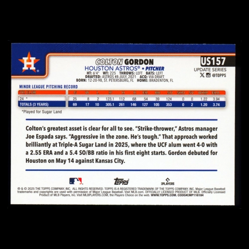 Colton Gordon RC 2025 Topps Update Rookie Astros