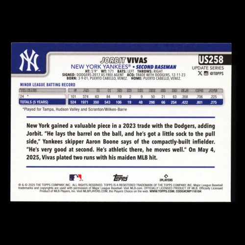 Jorbit Vivas RC 2025 Topps Update Rookie Yankees