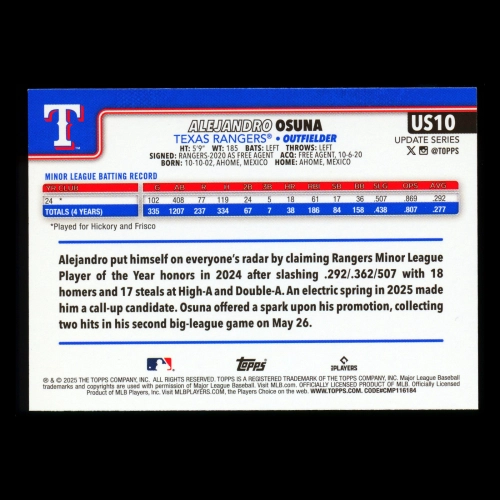 Alejandro Osuna RC 2025 Topps Update Rookie Rangers