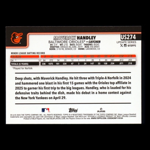 Maverick Handley RC 2025 Topps Update Rookie Orioles