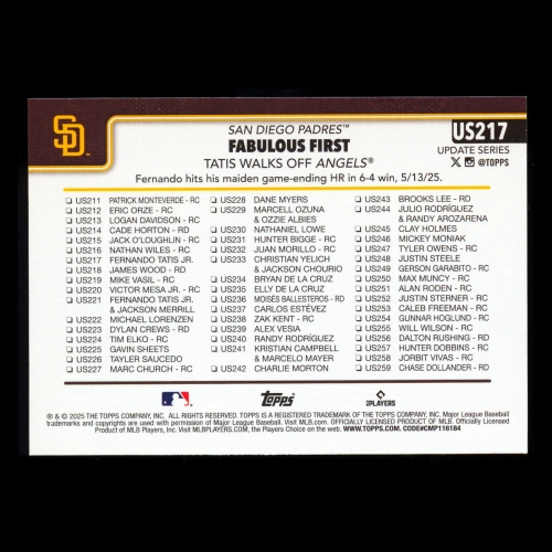 Fernando Tatis Jr. 2025 Topps Update Checklist Padres