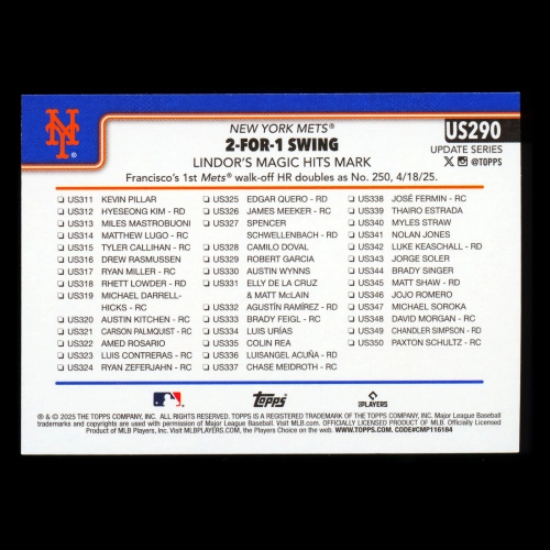 Francisco Lindor 2025 Topps Update Checklist Mets