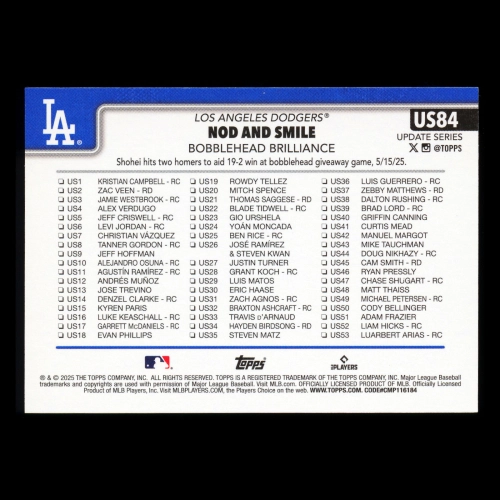 Shohei Ohtani 2025 Topps Update Checklist Dodgers