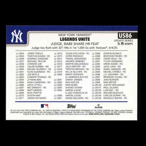 Aaron Judge 2025 Topps Update Checklist Yankees