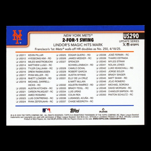 Francisco Lindor 2025 Topps Update Checklist Mets