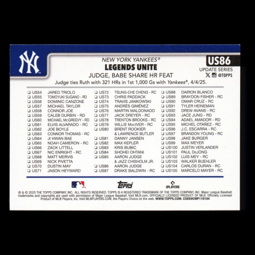 Aaron Judge 2025 Topps Update Checklist Yankees