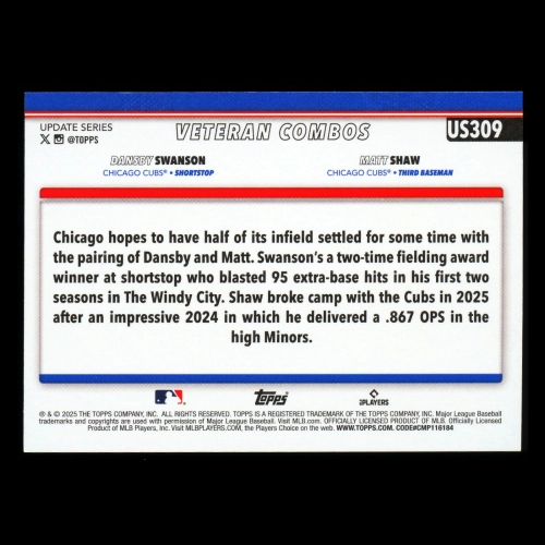 Dansby Swanson - Matt Shaw 2025 Topps Update Veteran Combos Cubs