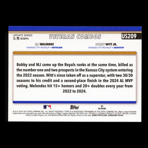 MJ Melendez - Bobby Witt Jr. 2025 Topps Update Veteran Combos Royals
