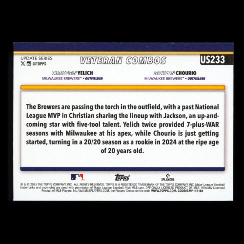 Christian Yelich - Jackson Chourio 2025 Topps Update Veteran Combos Brewers