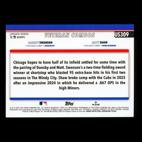 Dansby Swanson - Matt Shaw 2025 Topps Update Veteran Combos Cubs