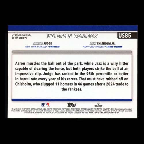 Aaron Judge - Jazz Chisholm Jr. 2025 Topps Update Veteran Combos Yankees