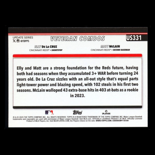 Elly De La Cruz - Matt McLain 2025 Topps Update Veteran Combos Reds