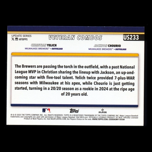 Christian Yelich - Jackson Chourio 2025 Topps Update Veteran Combos Brewers