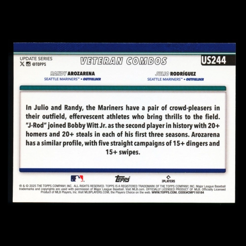Julio Rodrguez - Randy Arozarena 2025 Topps Update Veteran Combos Mariners